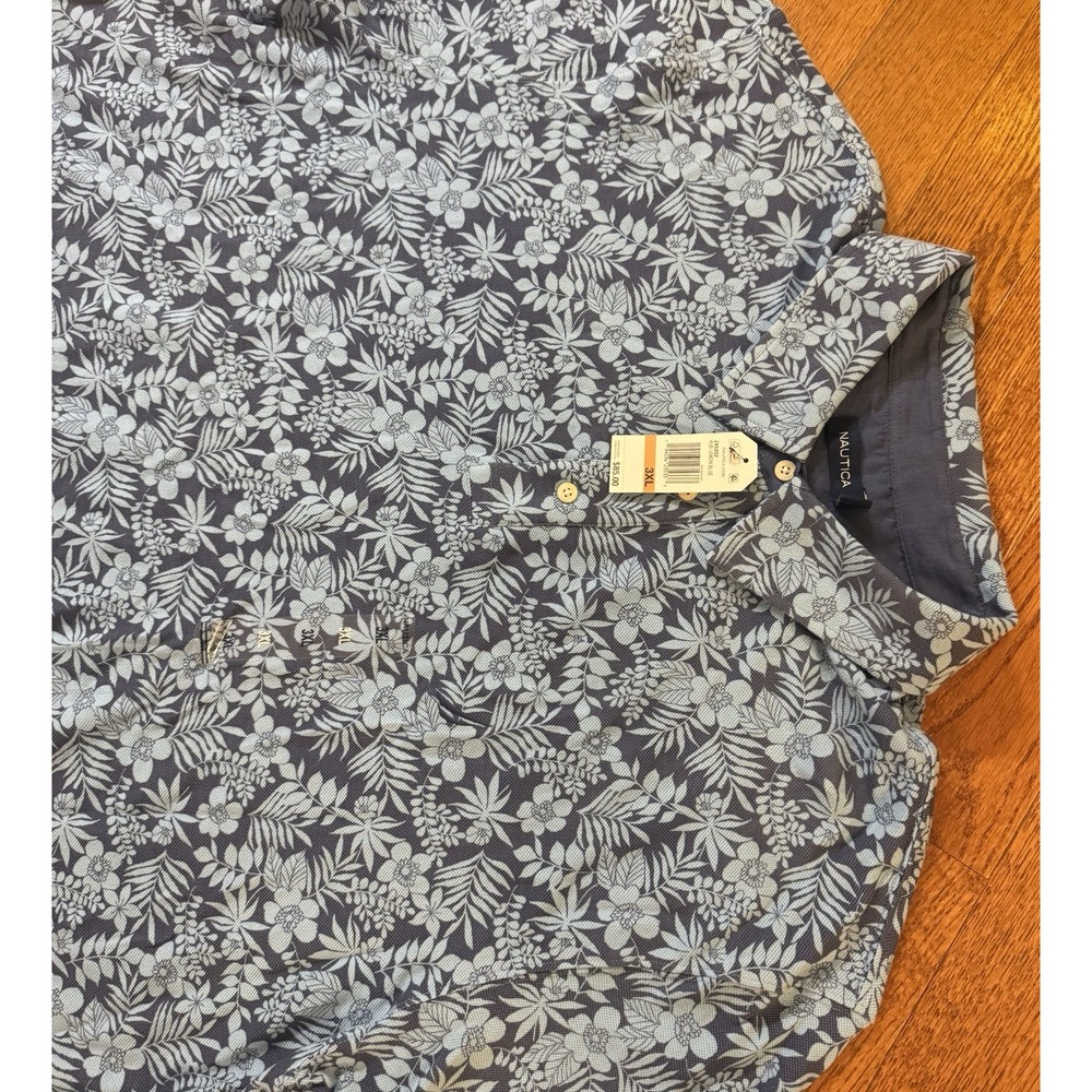 NWT Nautica Men's 3XL Button Short Sleeve Polo Blue Floral Shirt Model Z45202